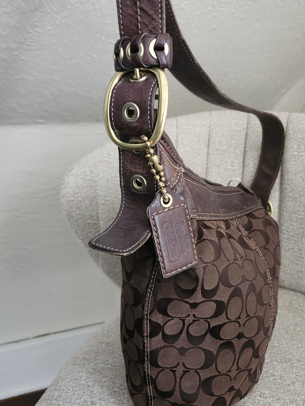 Coach Brown Signature Canvas Hobo Shoulder Bag with Leather Trim